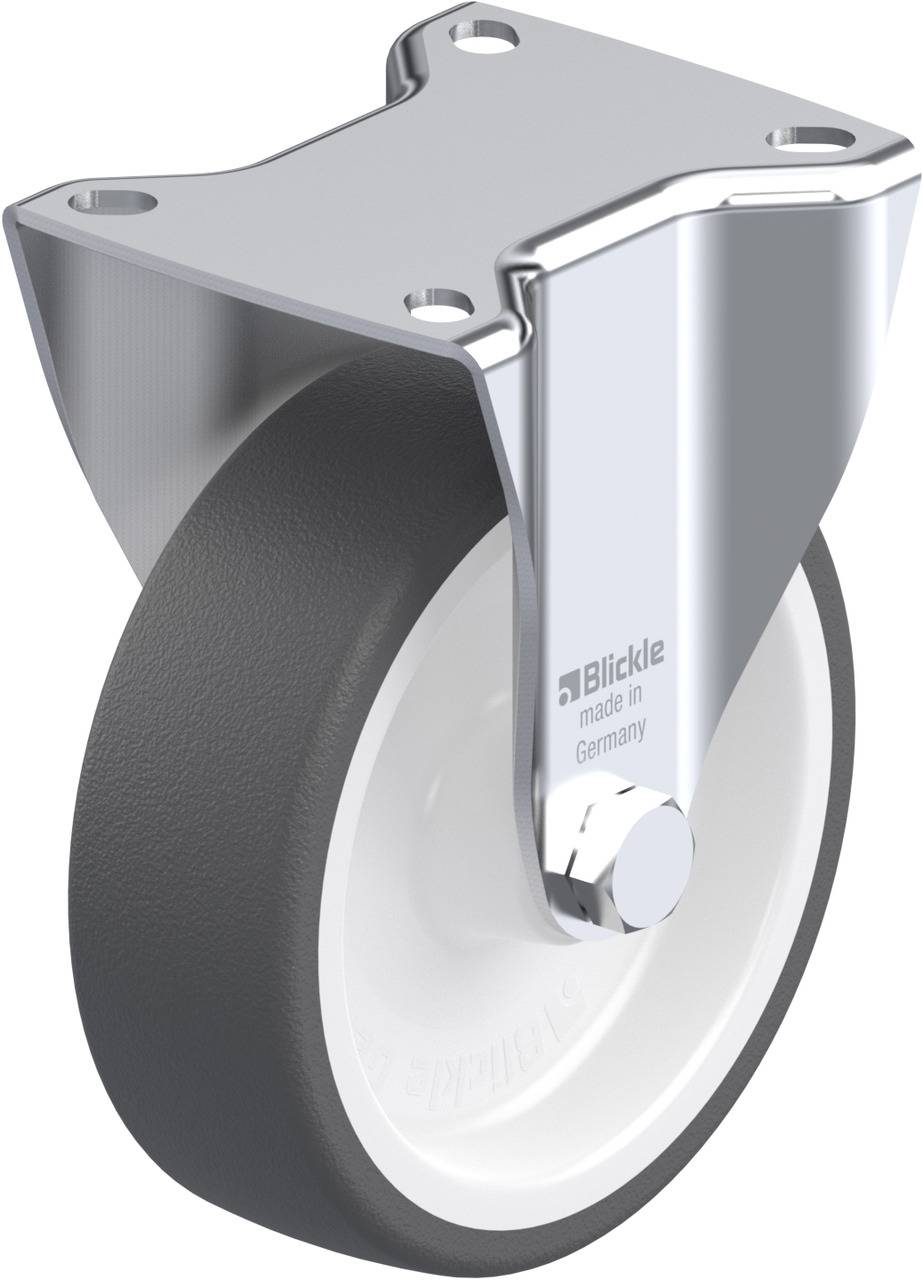 Grau-schwarzes Hartgummi-Lenkrolle mit Metallhalterung; geeignet für Möbel oder Transportwagen. Aufdruck: 'Blickle made in Germany'.