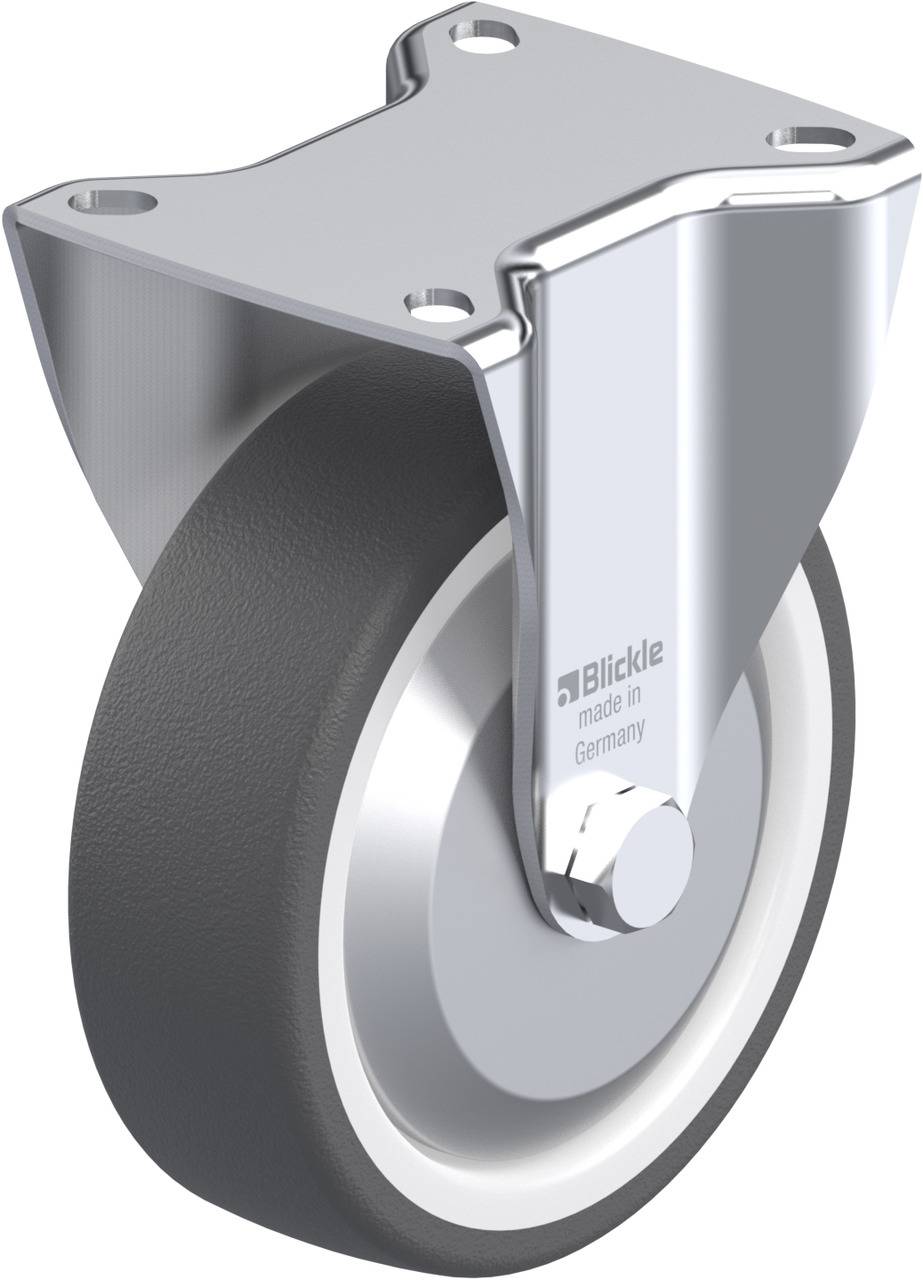 Industrie-Lenkrolle aus Metall mit schwarzem Rad. Aufschrift 'Blickle made in Germany' sichtbar. Verwendet für Schwerlastanwendungen.