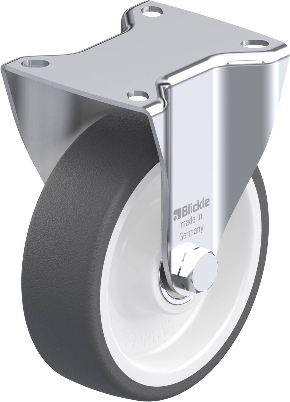 Lenkrolle mit grauem Rad und silberner Halterung aus Metall, Beschriftung: Blickle made in Germany.