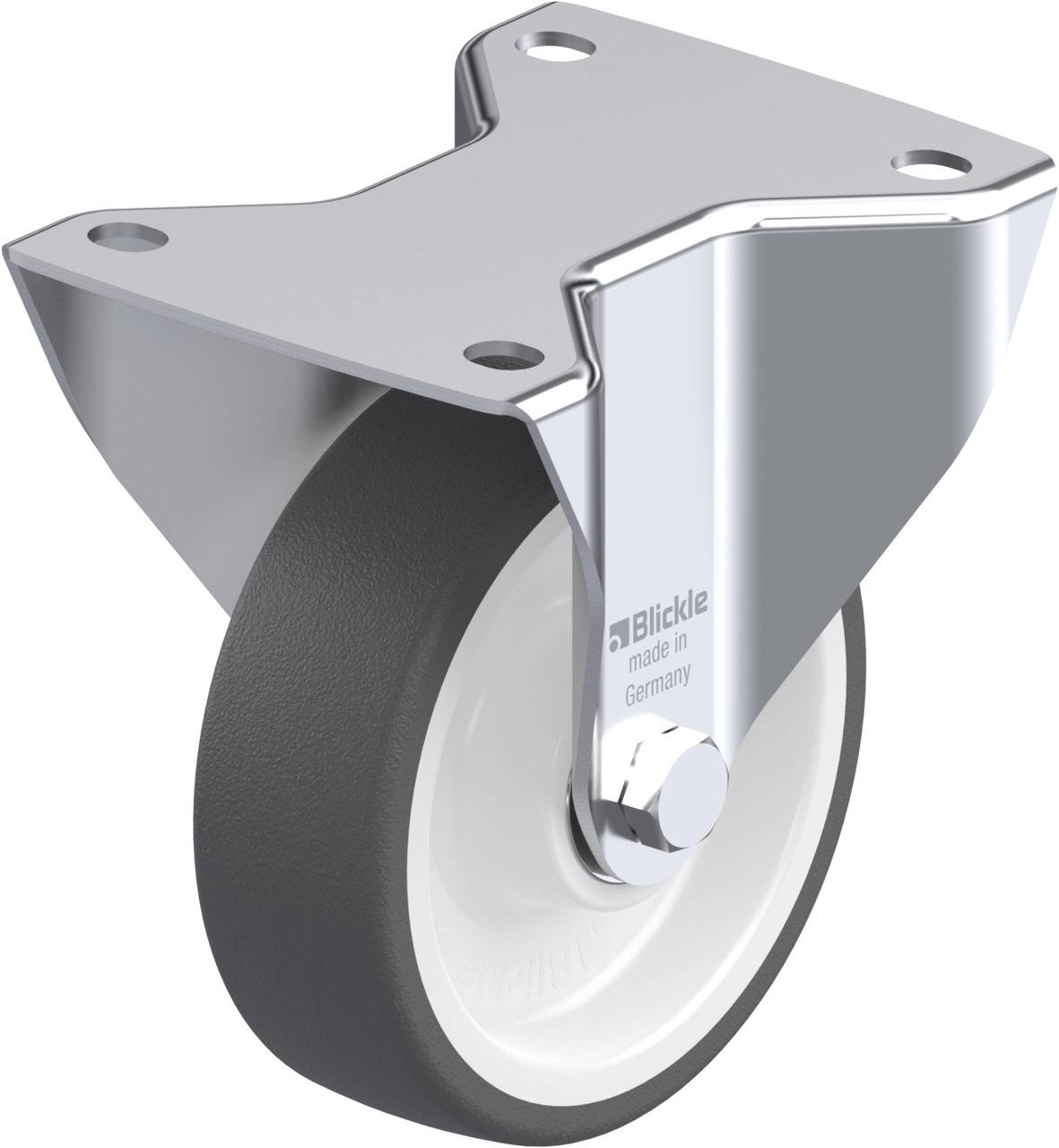 Schwenkrolle mit grauem Rad und silbernem Gehäuse, geeignet für Mobilität und Transport. Markierung 'Blickle made in Germany' sichtbar.