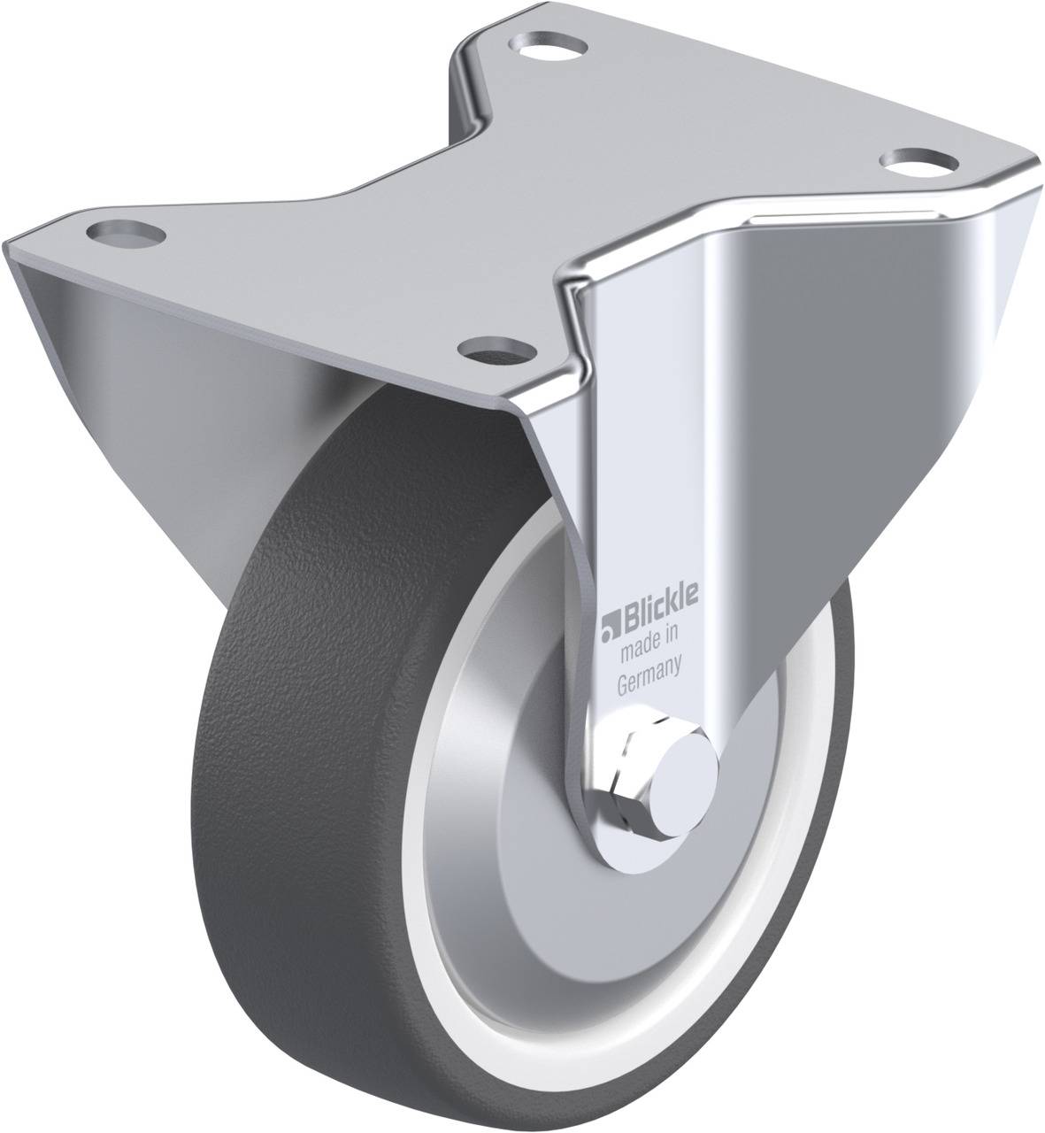 Metall-Rollenhalter mit schwarzem Rad, hergestellt in Deutschland. Geeignet für Möbel oder Geräte; robust und langlebig für Innen- oder Außeneinsatz.