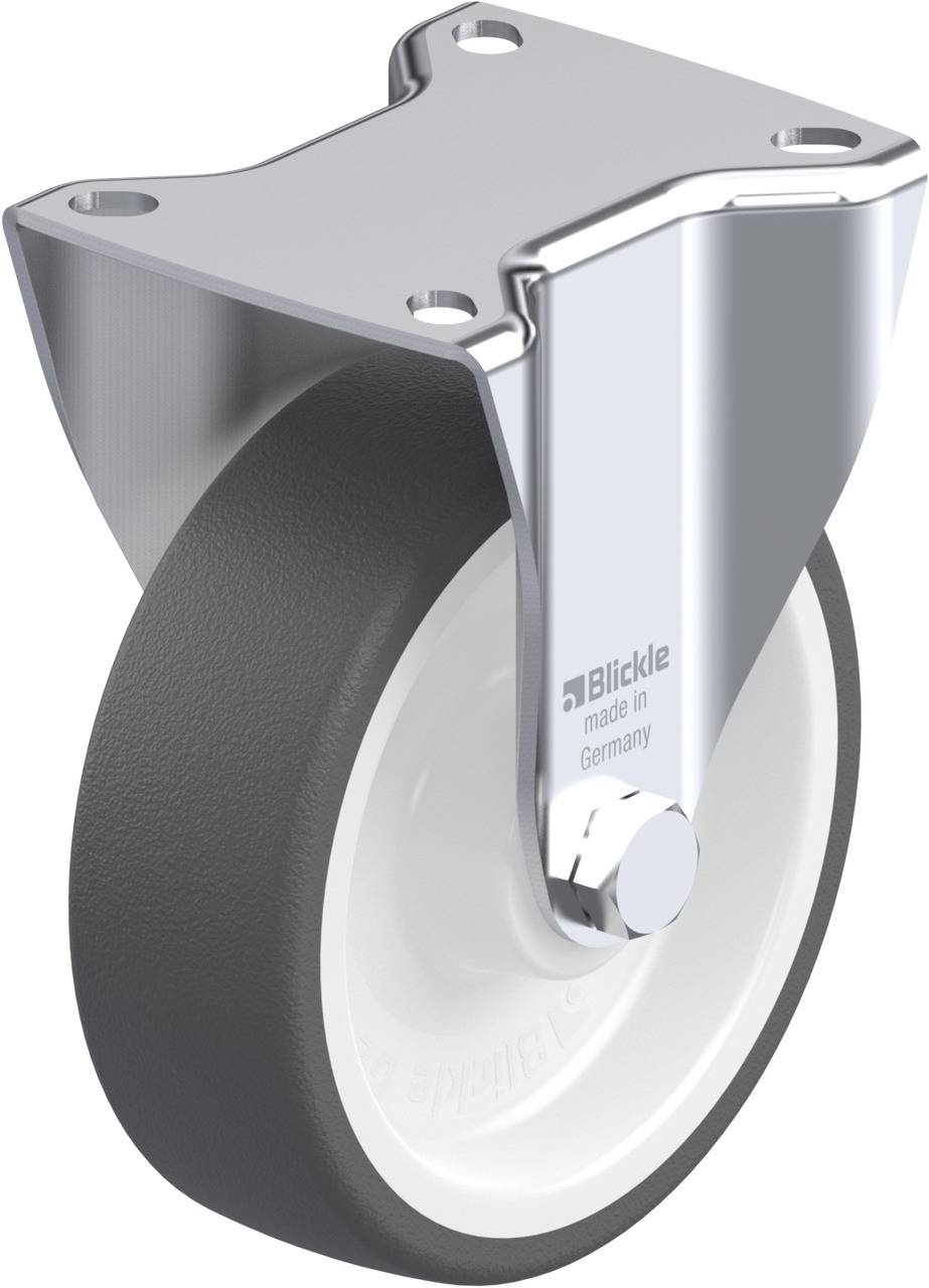 Metall-Lenkrolle mit grauem Gummirad und Befestigungsplatte, Markenname 'Blickle'.