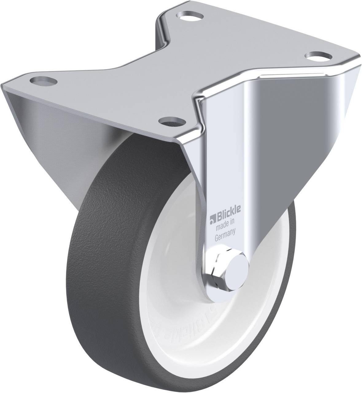 Metallradhalterung mit schwarzem Rad auf weißem Boden, Aufschrift 'Blickle made in Germany' auf der Halterung.