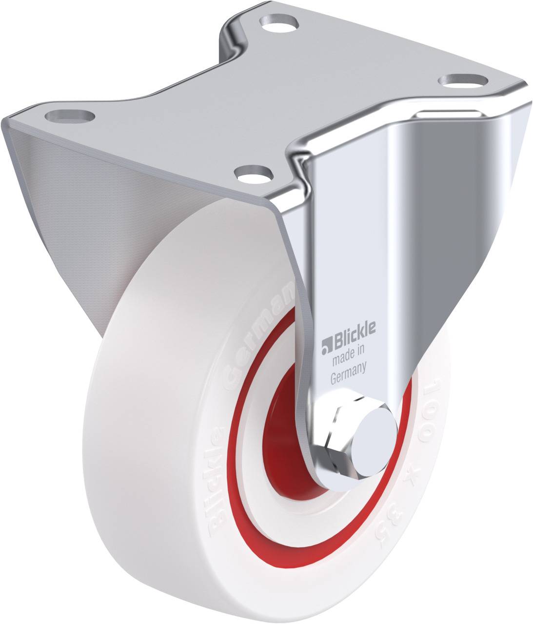 Metallgelenkrolle mit weißem Kunststoffrad und rotem Akzent. Aufschrift 'Blickle made in Germany' auf der Halterung.
