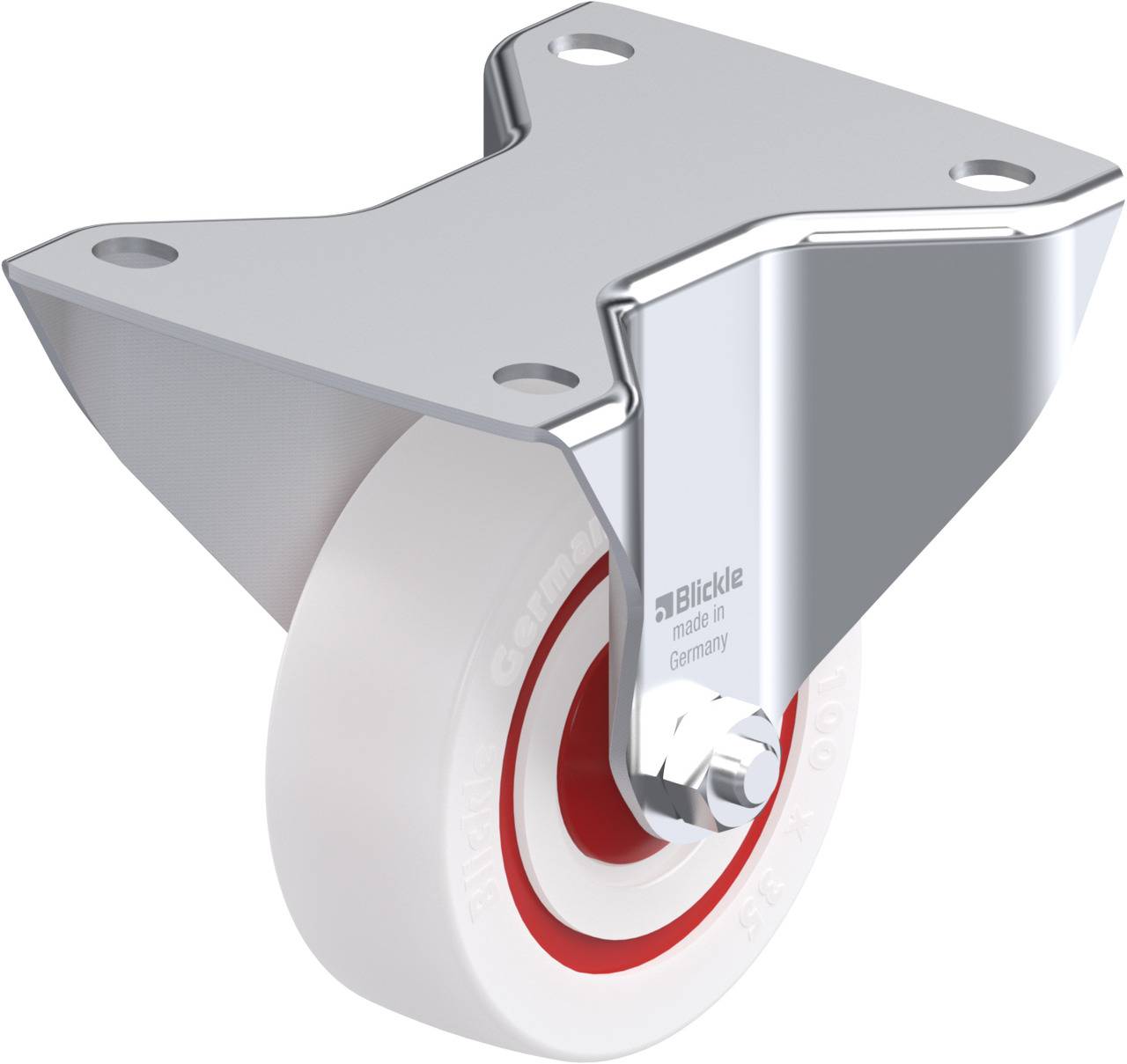 Ein weißes Rad mit rotem Kreis in der Mitte, montiert an einer silbernen Metallhalterung, geeignet für Möbel und Transportgeräte.