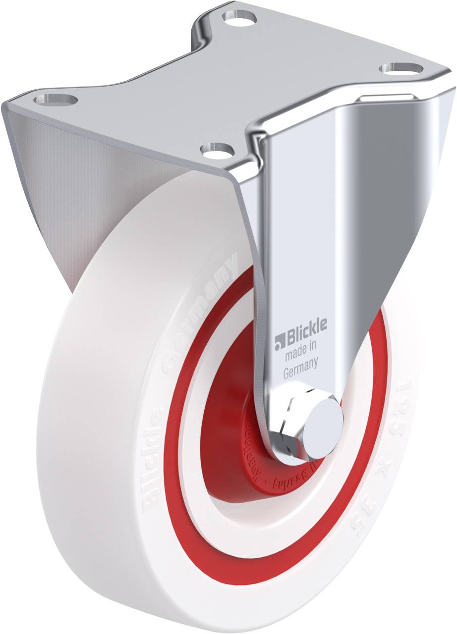 Industrie-Lenkrolle mit weißem Rad, rotem Ring und verchromtem Metallgehäuse, gekennzeichnet mit 'Blickle made in Germany'.