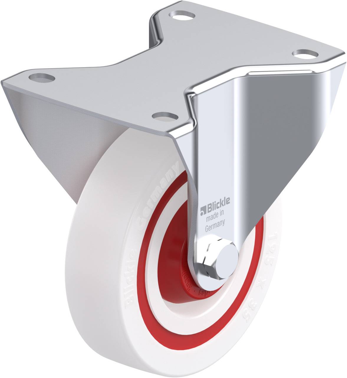 Industrie-Lenkrolle aus Metall mit weißem Rad und roter Mitte, geeignet für schwere Lasten.