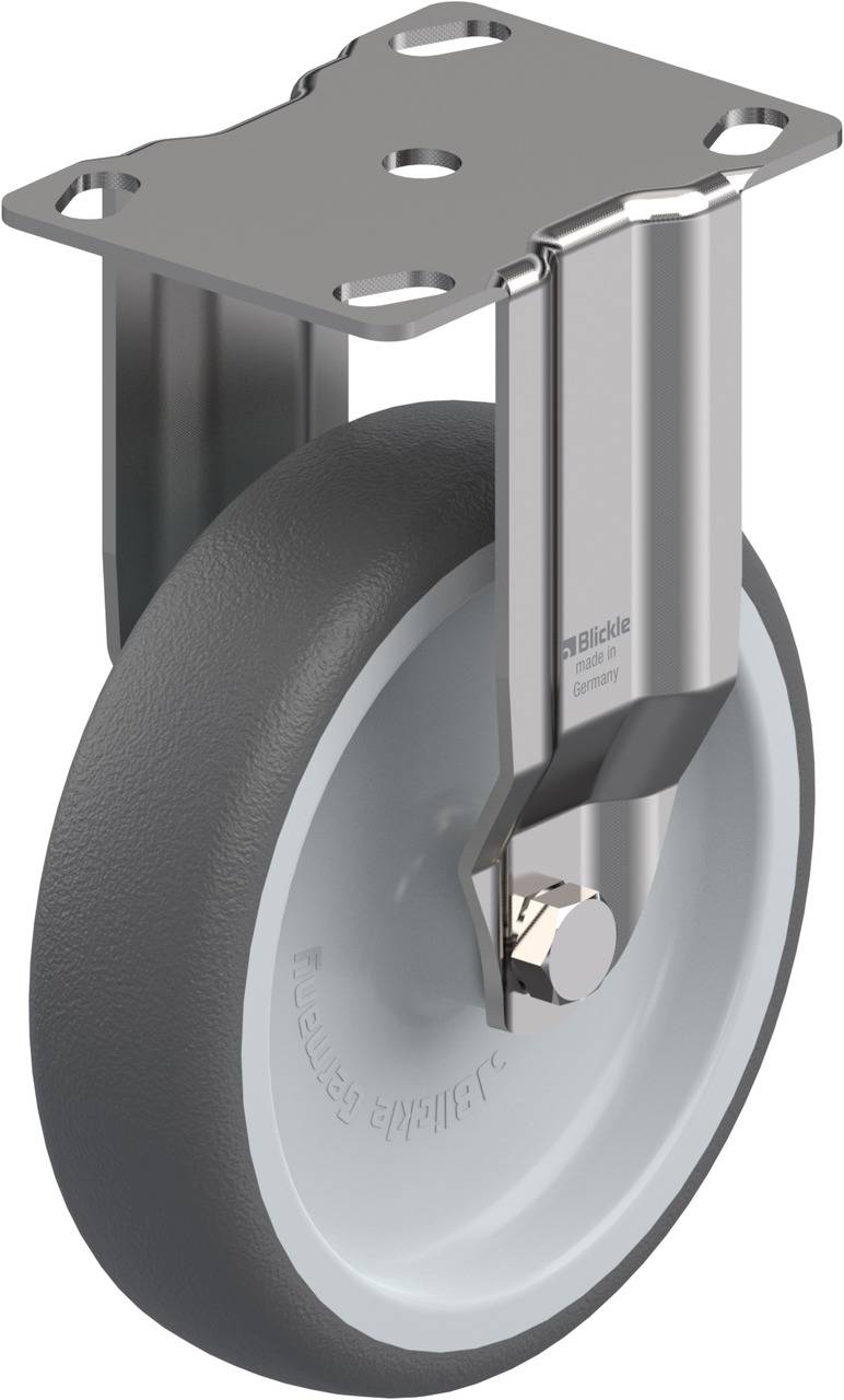 Ein einzelnes drehbares Rad mit grauer Gummilauffläche und Metallhalterung, geeignet für Schwerlastanwendungen.