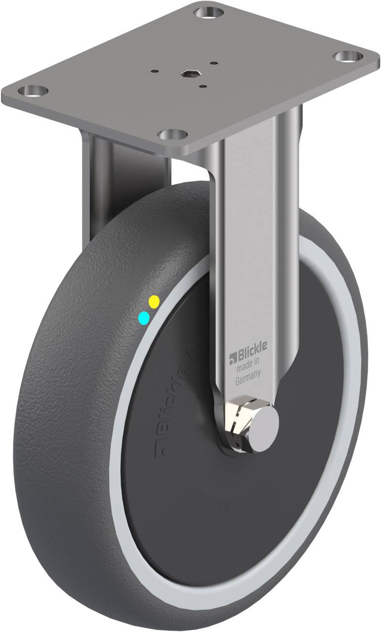 Industrie-Rolle aus Metall mit grauem Rad und Montageplatte, geeignet für schwere Lasten. Die Rolle ist von der Marke Blickle.