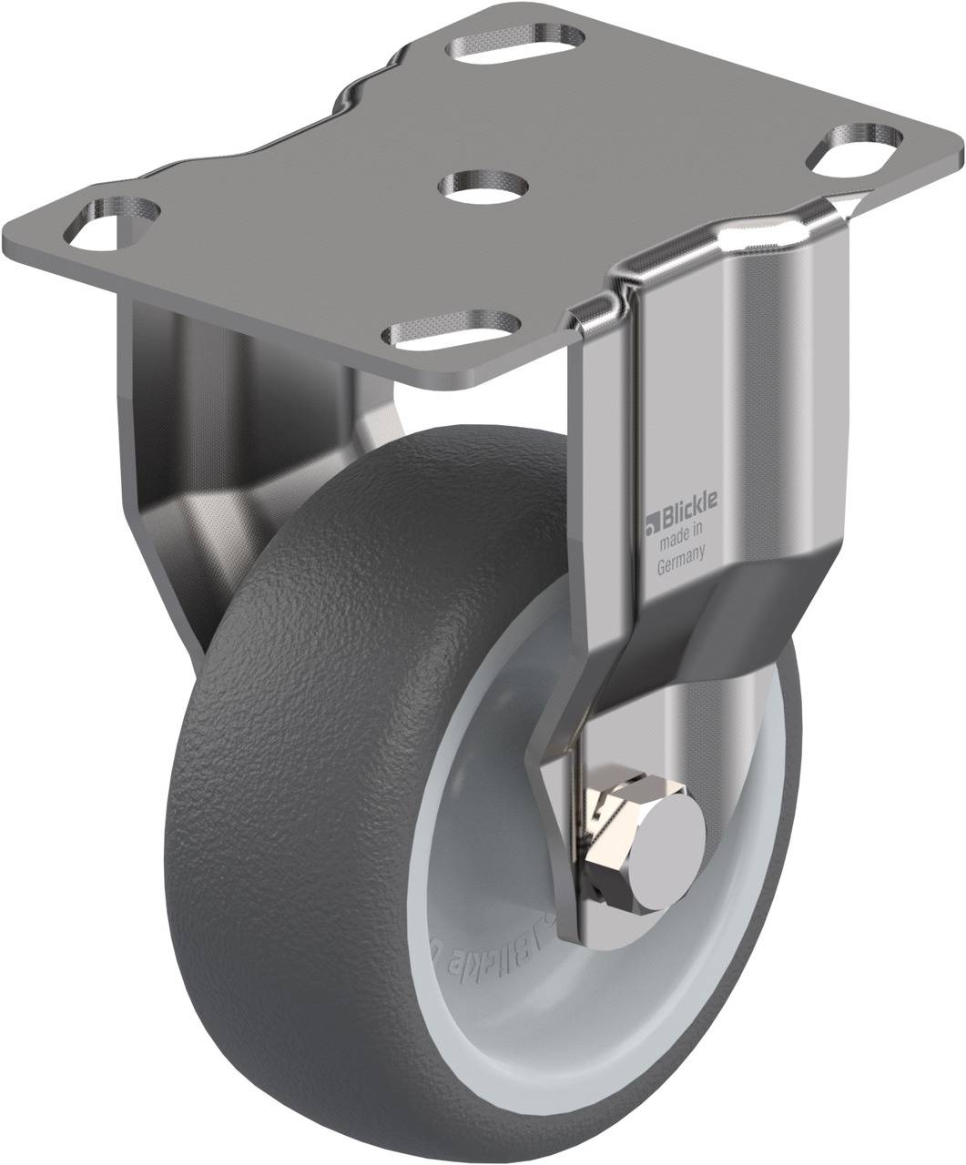 Metallrolle mit Befestigungsplatte. Geeignet für Möbel oder Transportwagen, besteht aus robustem Material mit glatter, grauer Lauffläche.