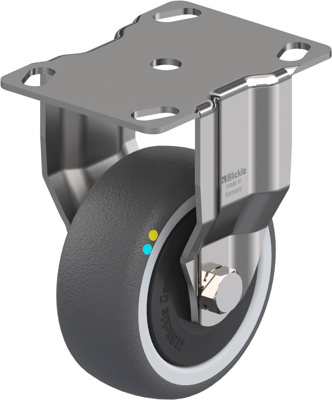 Graue Lenkrolle mit metallischem Montageplatte, geeignet für industrielle Anwendungen, zeigt robustes Design mit drehbarem Kopf.