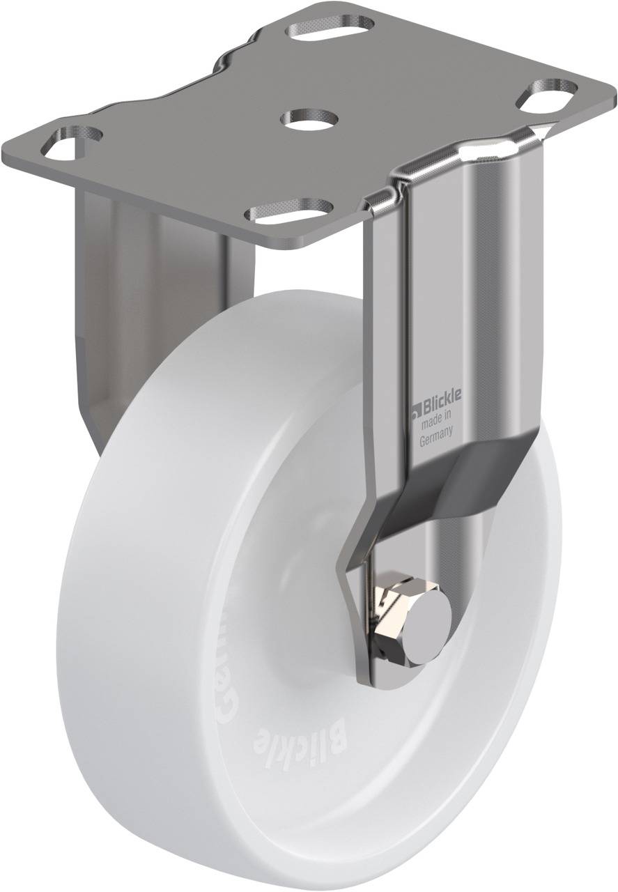 Ein silbernes Transport-Lenkrolle mit weißem Rad, montiert auf einer Metallplatte. Geeignet für Möbel und Industrieanwendungen.