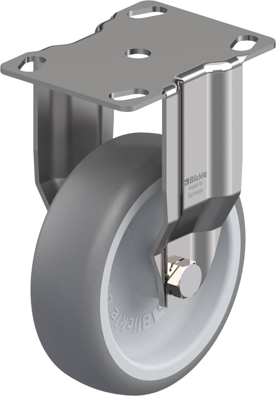 Metallrolle mit grauem Rad und rechteckiger Montageplatte, geeignet für Möbel oder Geräte. Robuste Bauweise für gleichmäßige Drehbewegung.