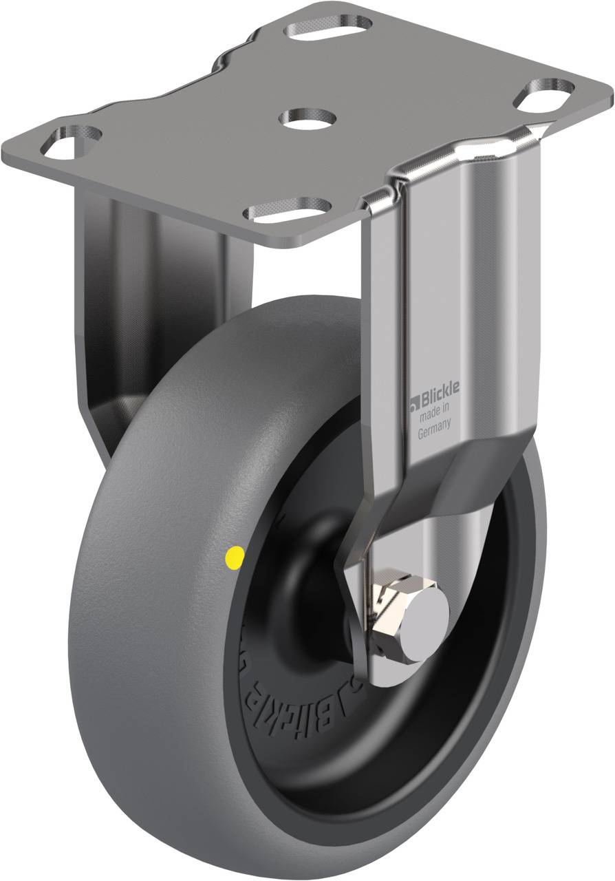 Industrielle Schwerlastrolle mit grauem Reifen und Metallhalterung, geeignet für den Einsatz an Maschinen und Möbeln.