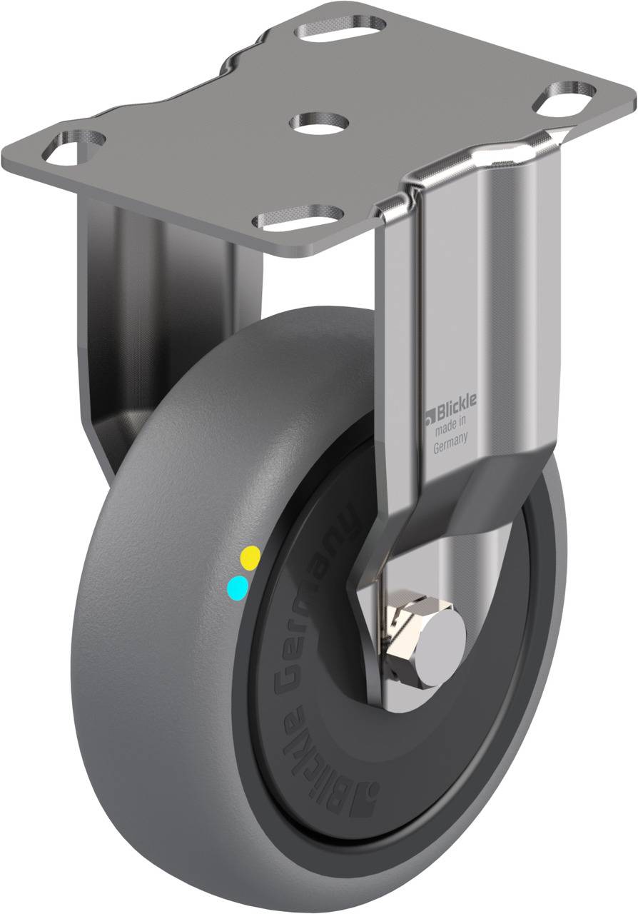 Ein graues Laufrollen-Rad mit Metallhalterung, geeignet für Möbel oder Transportwagen.