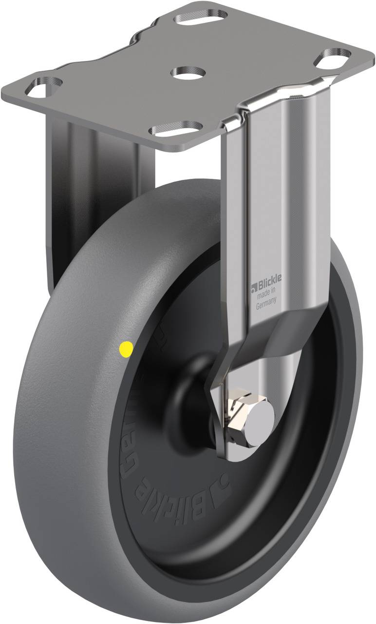 Grau-schwarzes Lenkrad mit Metallhalterung, montierbar. Geeignet für Belastungen auf glatten Oberflächen.