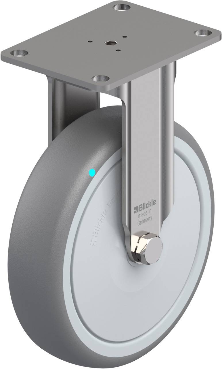 Industrie-Rolle mit grauem Rad und Metallplatte zur Montage, geeignet für schwere Lasten.