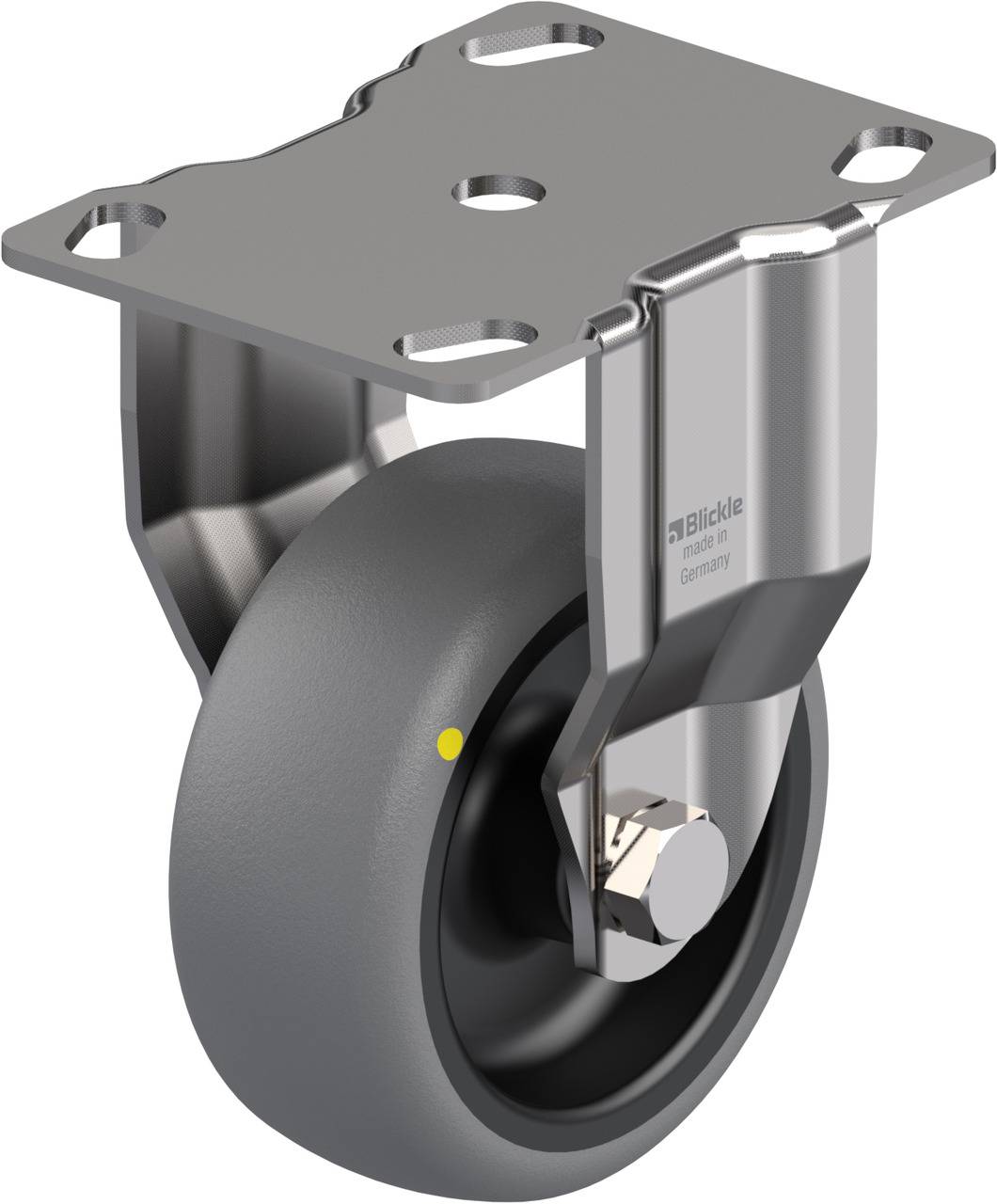 Ein graues Kunststoff-Lenkrolle für Möbel oder Geräte, mit Metallhalterung und drehbarer Achse. Geeignet für glatte Böden.