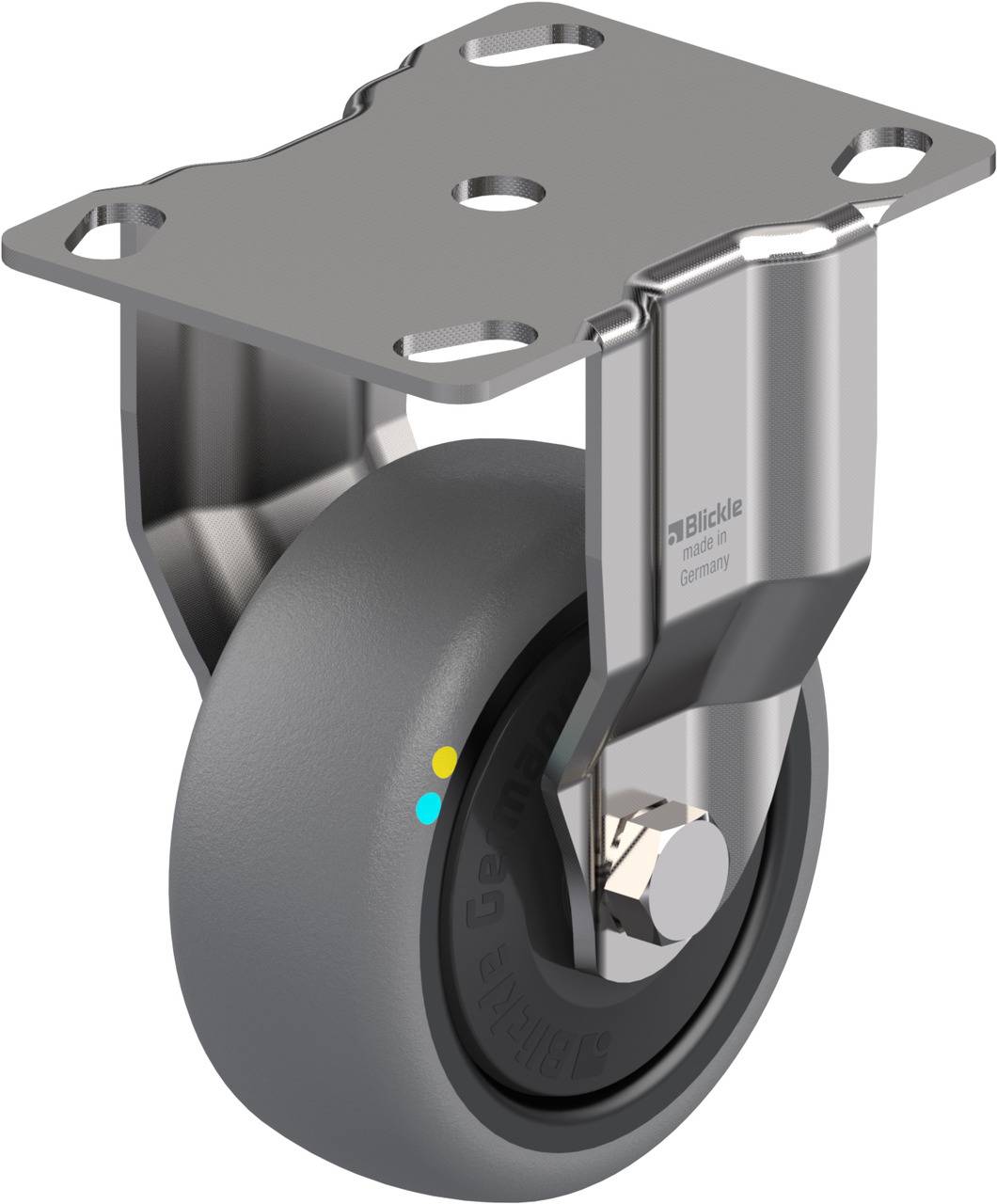 Graues Transportgerät-Lenkrolle mit Metallhalterung, geeignet für industrielle Anwendungen.