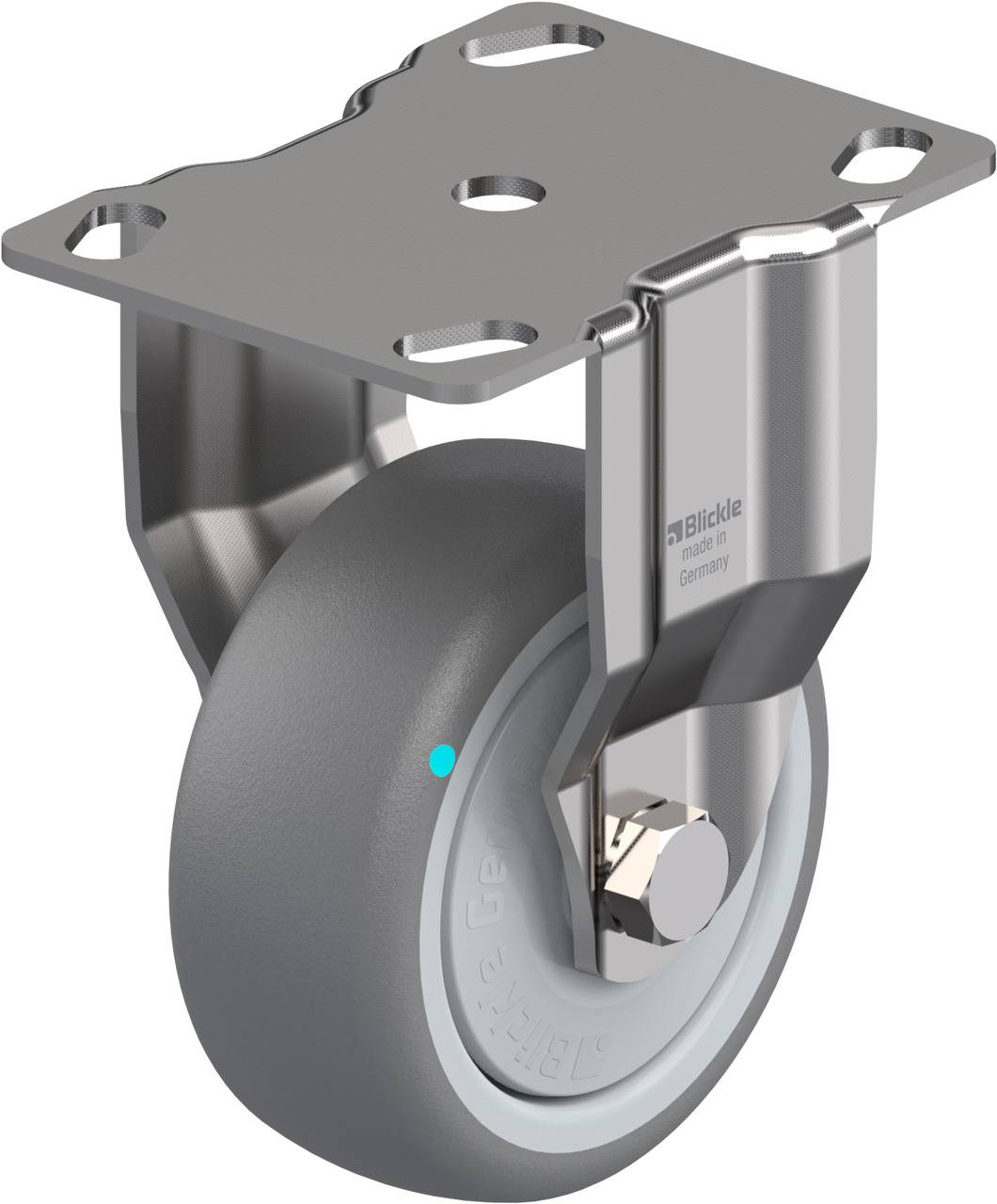 Industrie-Scharnierrad zur Befestigung an einem Gerät oder Möbelstück, mit drehbarem Rad in Metallhalterung.