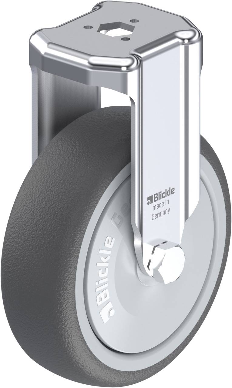 Industrie-Rad mit robustem Gehäuse und grauer Lauffläche; hergestellt von Blickle in Deutschland; für Maschinen und Geräte geeignet.