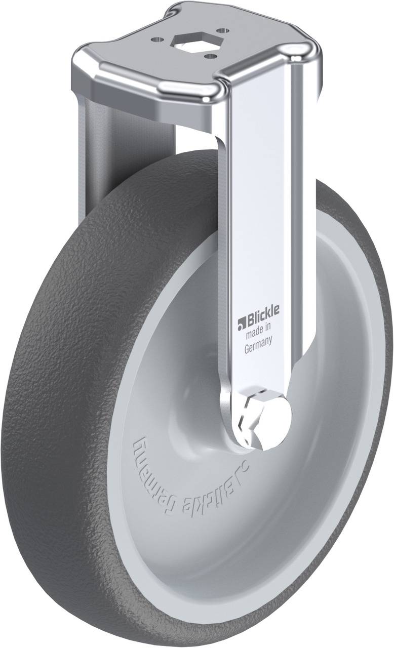 Industrie-Schwenkrolle mit grauem Gummirad, Metallhalterung und 'Blickle made in Germany'-Aufschrift.