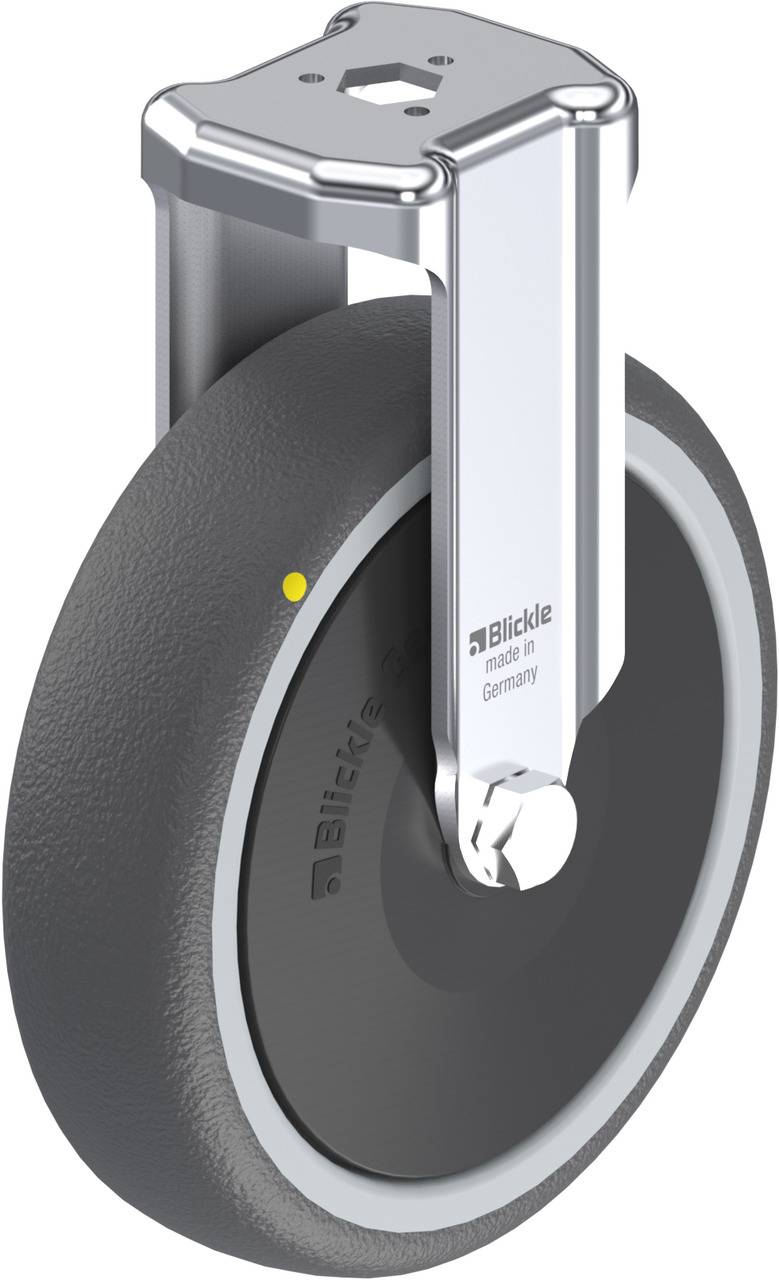 Schwenkrolle aus Metall und Gummi, robustes Design, hergestellt in Deutschland. Eignet sich für industrielle Anwendungen.