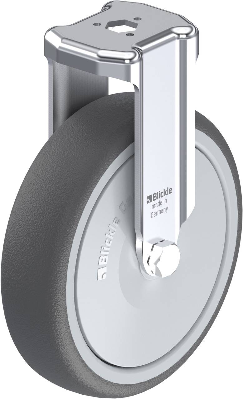 Graues Industrierad mit Metallhalterung und Aufschrift 'Blickle made in Germany'.