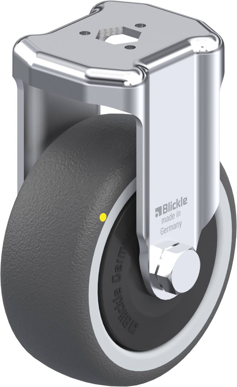 Rolle mit grauem Rad und silberfarbenem Metallgehäuse, Aufschrift 'made in Germany', geeignet für industrielle Anwendungen.