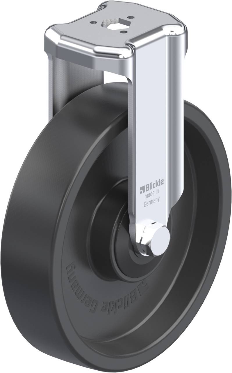 Hochwertiges Metall-Lenkrolle von Blickle mit schwarzem Gummirad, geeignet für industrielle Anwendungen.