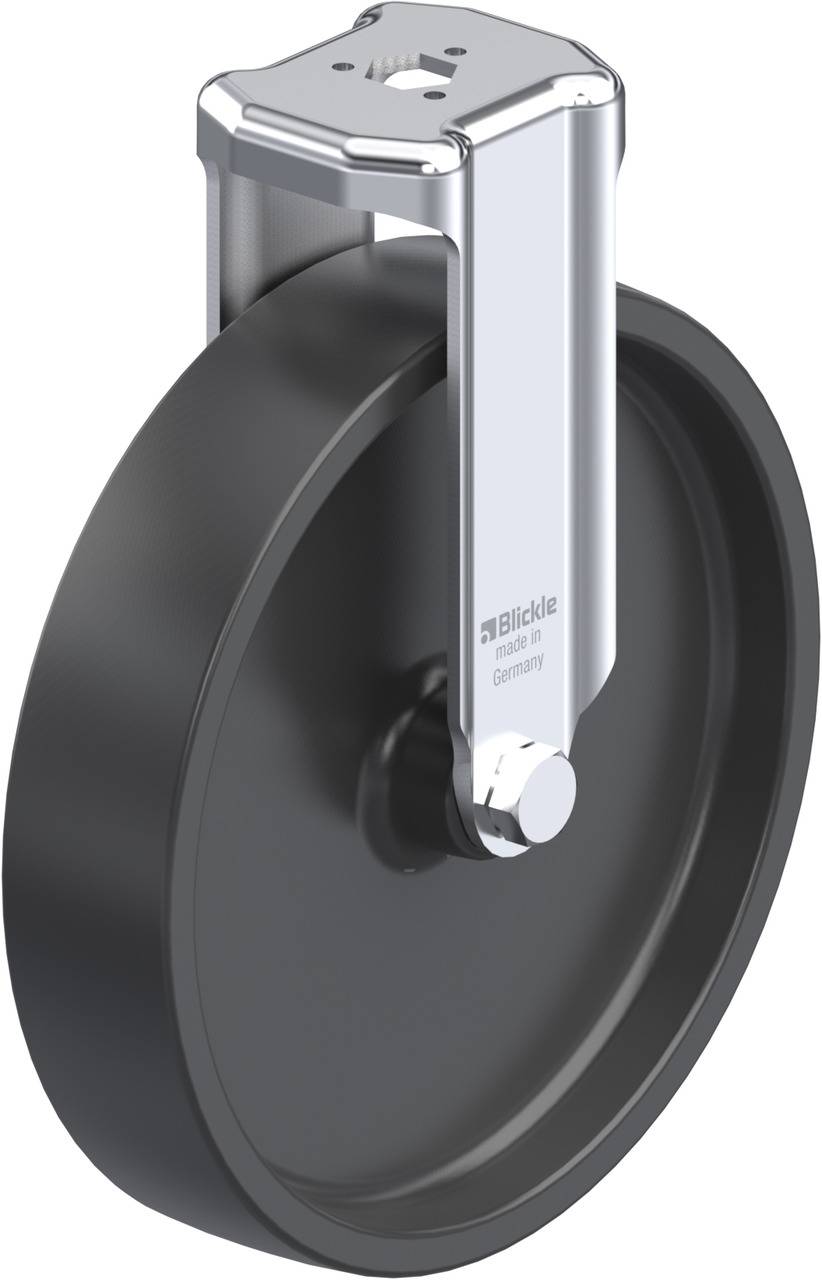 Rad mit metallischem Halter, gefertigt von 'Blickle'. Es eignet sich für den Einsatz in Transport- oder Industrieanlagen.