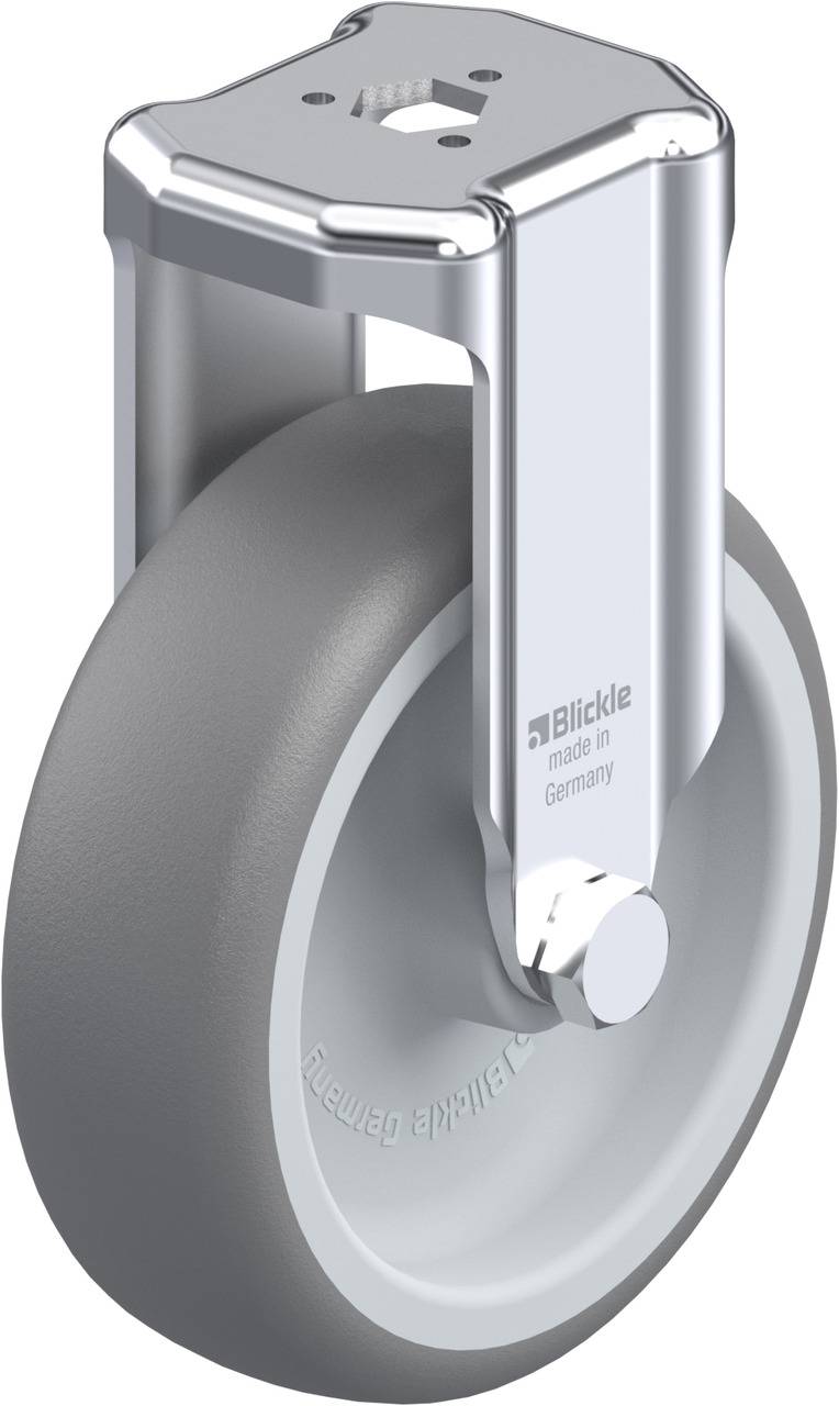 Graues Rad mit silbernem Gehäuse und einem Halterungsloch oben. Aufschrift: 'Blickle, made in Germany'.