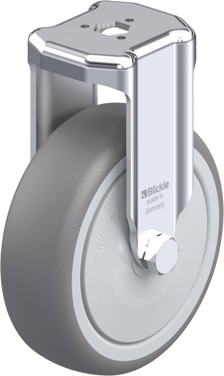 Ein robustes Rad mit grauem Reifen und silbernem Gehäuse, geeignet für Industriemaschinen. Aufschrift 'Blickle made in Germany'.
