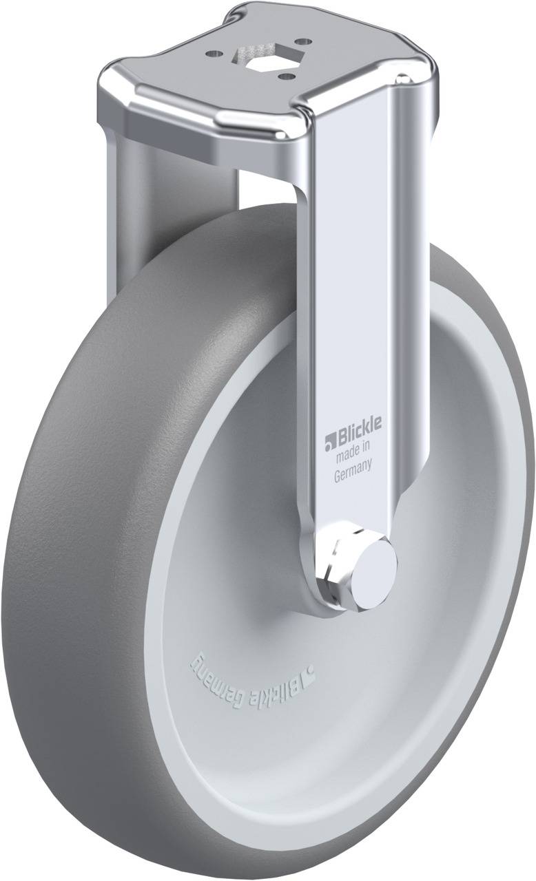 Graues Rad mit Metallhalterung, geeignet für industrielle Anwendungen. Aufschrift 'Blickle' auf dem Rad.