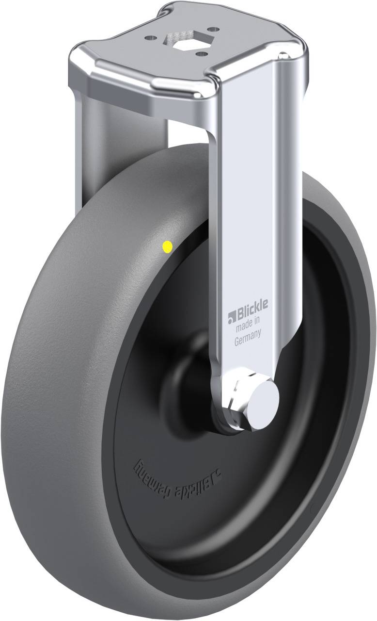 Ein grau-schwarzes Rad mit Metallhalterung, auf dem 'Blickle Made in Germany' steht.