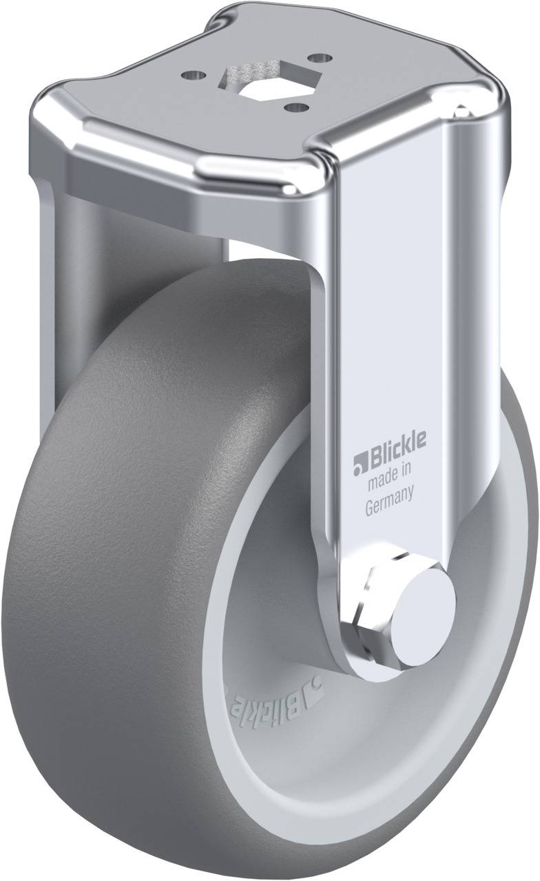 Schwenkrolle mit grauem Rad und silbernem Halter. Auf dem Halter steht 'Blickle made in Germany', was auf die Herkunft hinweist.