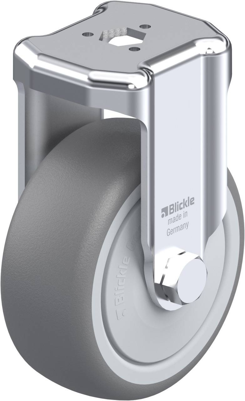 Industrie-Rolle mit silbernem Metallgehäuse und grauem Rad, geeignet für schwere Lasten, Marke 'Blickle', hergestellt in Deutschland.