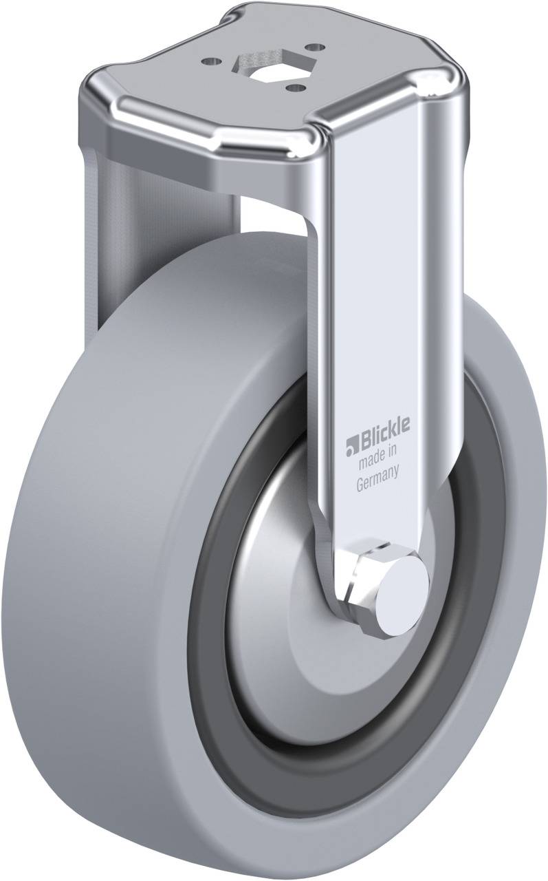 Industrie-Rad mit grauem Rad und glänzender Halterung. Auf der Halterung steht 'Blickle made in Germany'.
