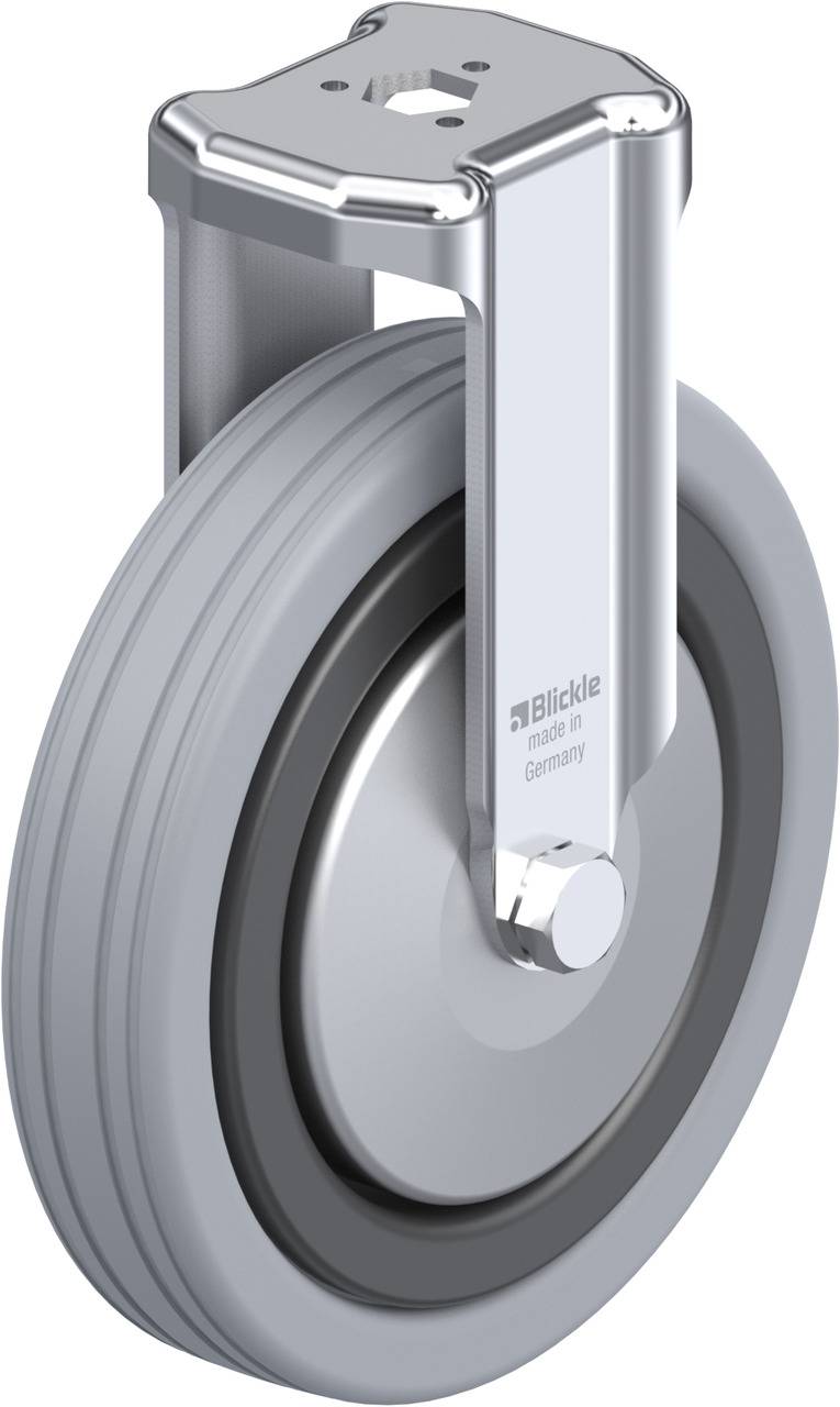 'Industrie-Lenkrolle aus Metall mit grauem Gummirad, Herstellerlogo 