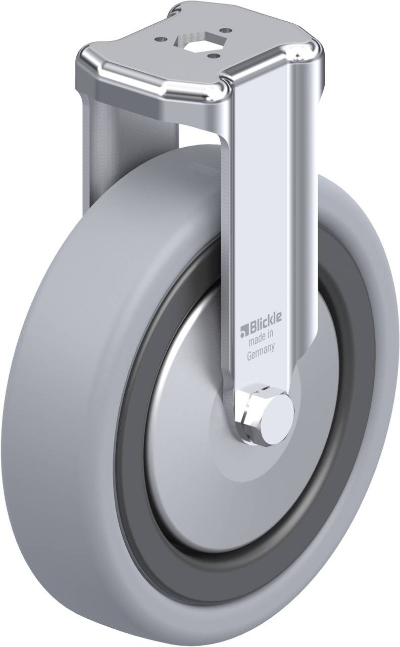 Industrie-Schwenkrolle mit grauem Rad und silbernem Halter, Aufschrift 'Blickle Made in Germany' auf der Halterung, geeignet für Maschinen.