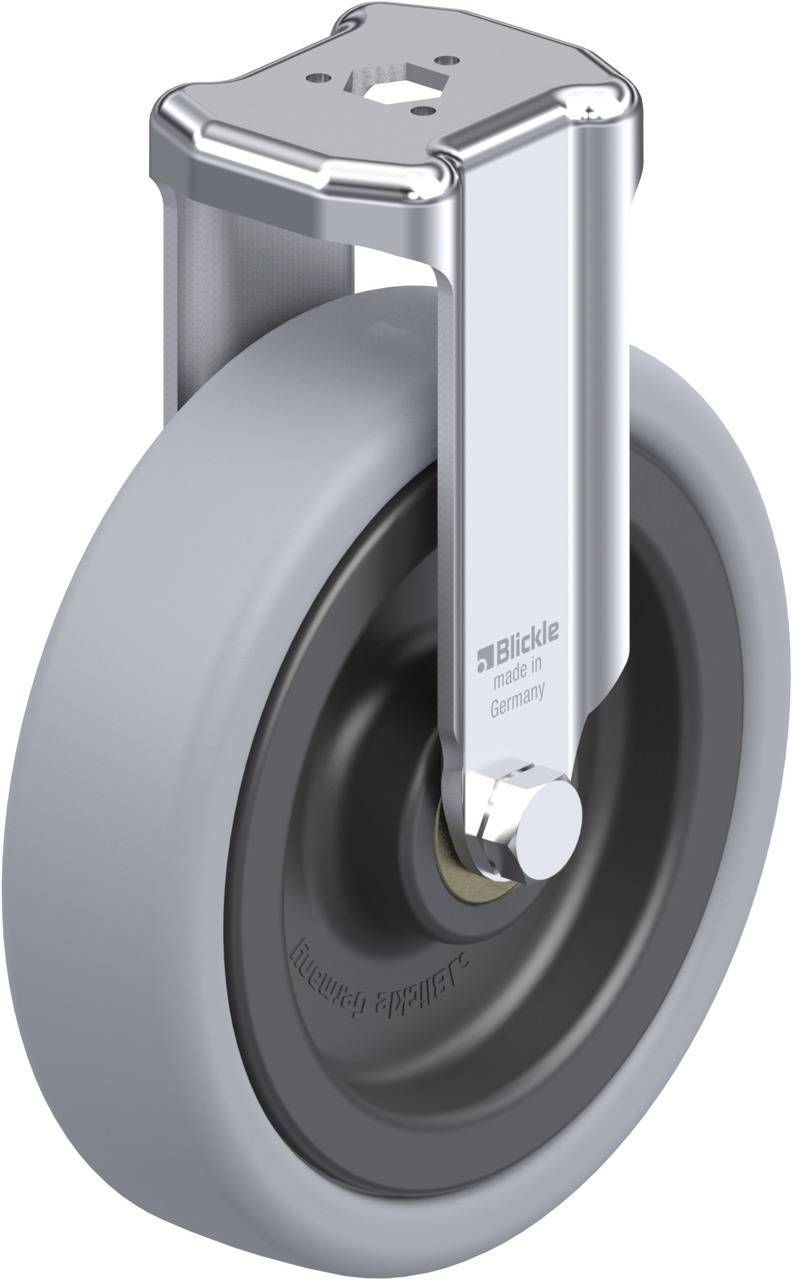 Industrie-Lenkrolle mit grauem Rad und silbernem Gehäuse. Geeignet für Transportwagen. Markenname 'Blickle' und Herstellungsort 'Germany' sichtbar.