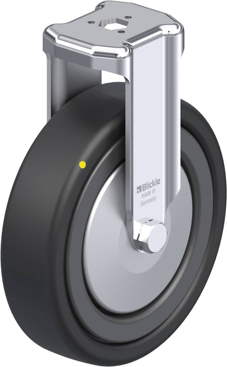 Schwenkrolle mit metallischer Halterung, robustes Design, schwarzer Gummireifen. Geeignet für Industrie- und Transportanwendungen.