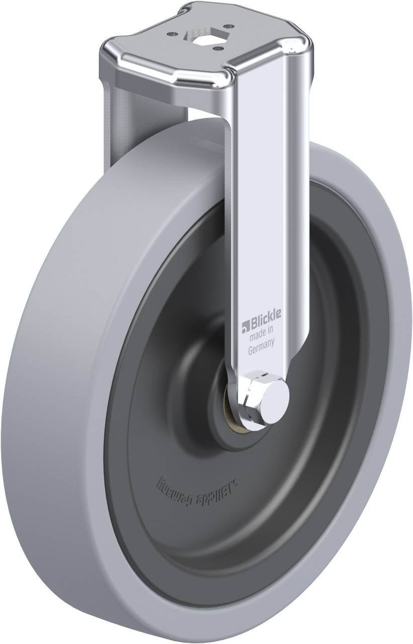 Ein graues Industrieschwenkrad mit schmalem Halter aus Metall, von der Marke Blickle, geeignet für schwere Lasten und industrielle Anwendungen.