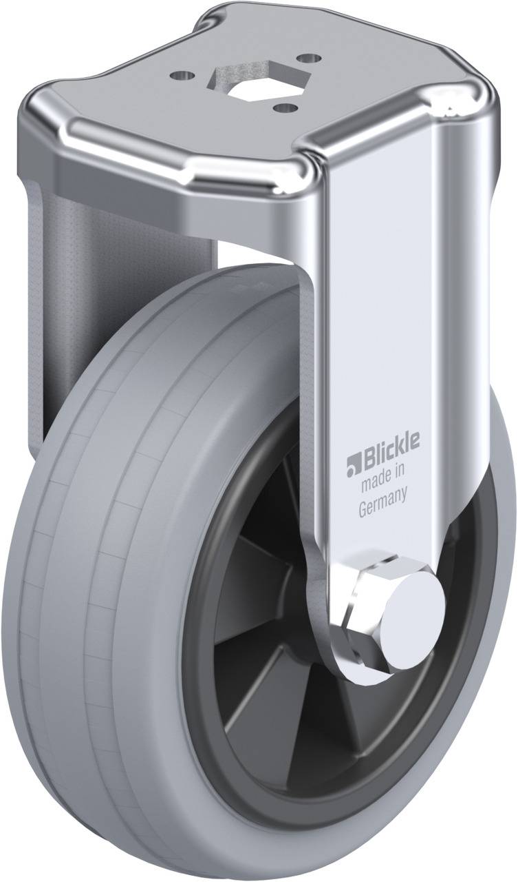 Rollenrad aus Metall mit grauer Gummireifen und Befestigungsplatte oben. Aufschrift 'Blickle made in Germany' an der Seite.