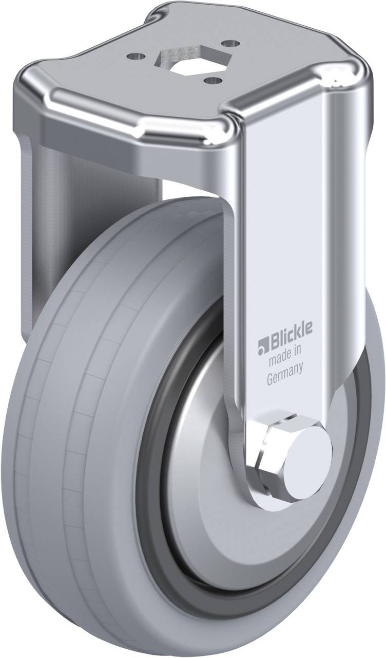 Graue Rolle mit Metallhalterung, geeignet für Möbel oder Geräte. Markiert mit 'Blickle made in Germany'.