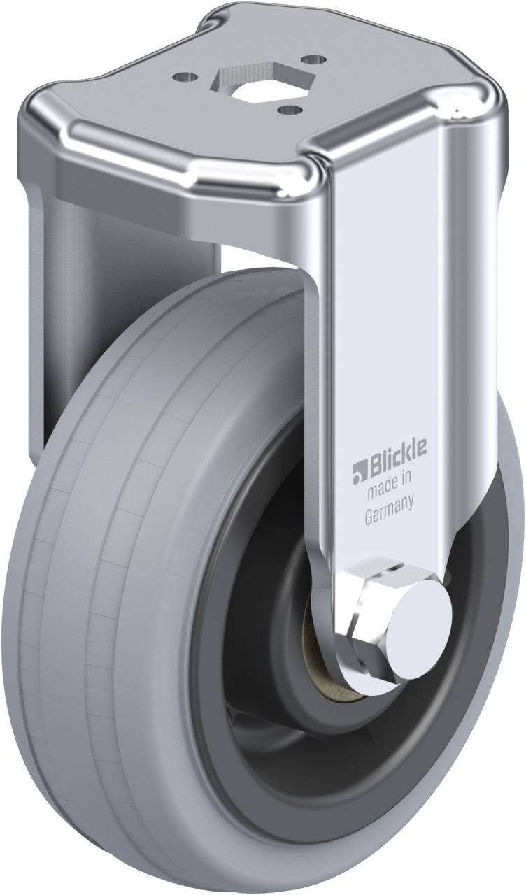 Metallrolle mit grauem Rad und Befestigung. Auf der Halterung steht 'Blickle made in Germany'. Geeignet für industrielle Anwendungen.