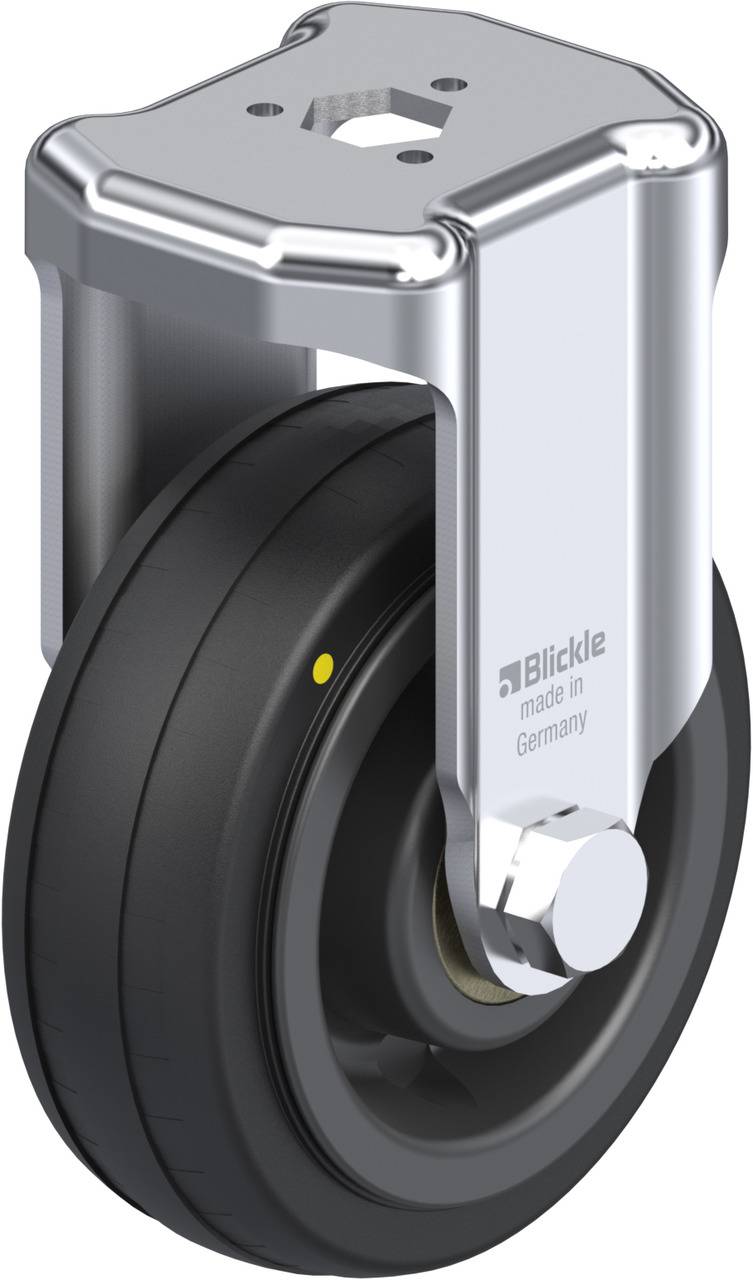 Industrie-Rollen-Laufrad mit festem Gehäuse; Material: Metall und Gummi; Hersteller: Blickle, Produkte aus Deutschland.