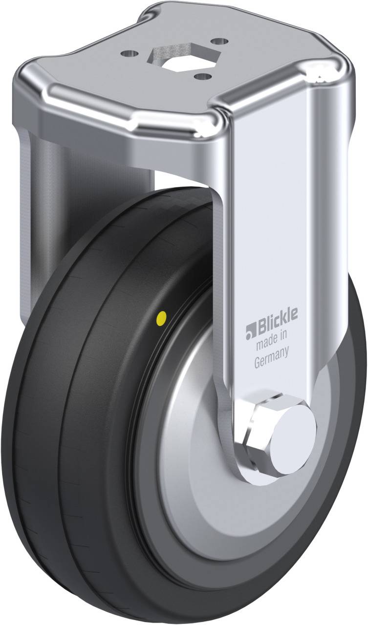 Metallenes Lenkrollenrad von Blickle, hergestellt in Deutschland, mit schwarzer Gummibereifung und silbernem Gehäuse.