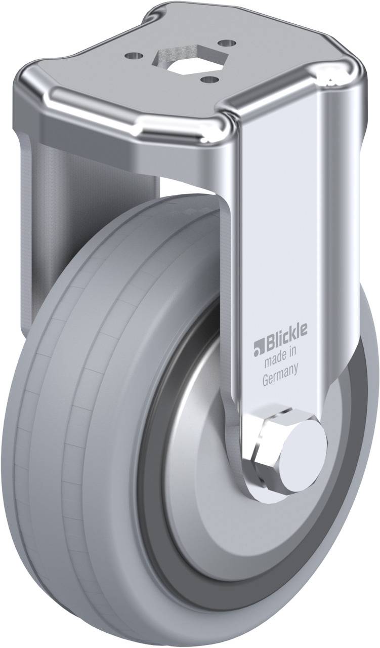 Metallrolle mit grauem Rad und silbernem Gehäuse, hergestellt in Deutschland von Blickle.