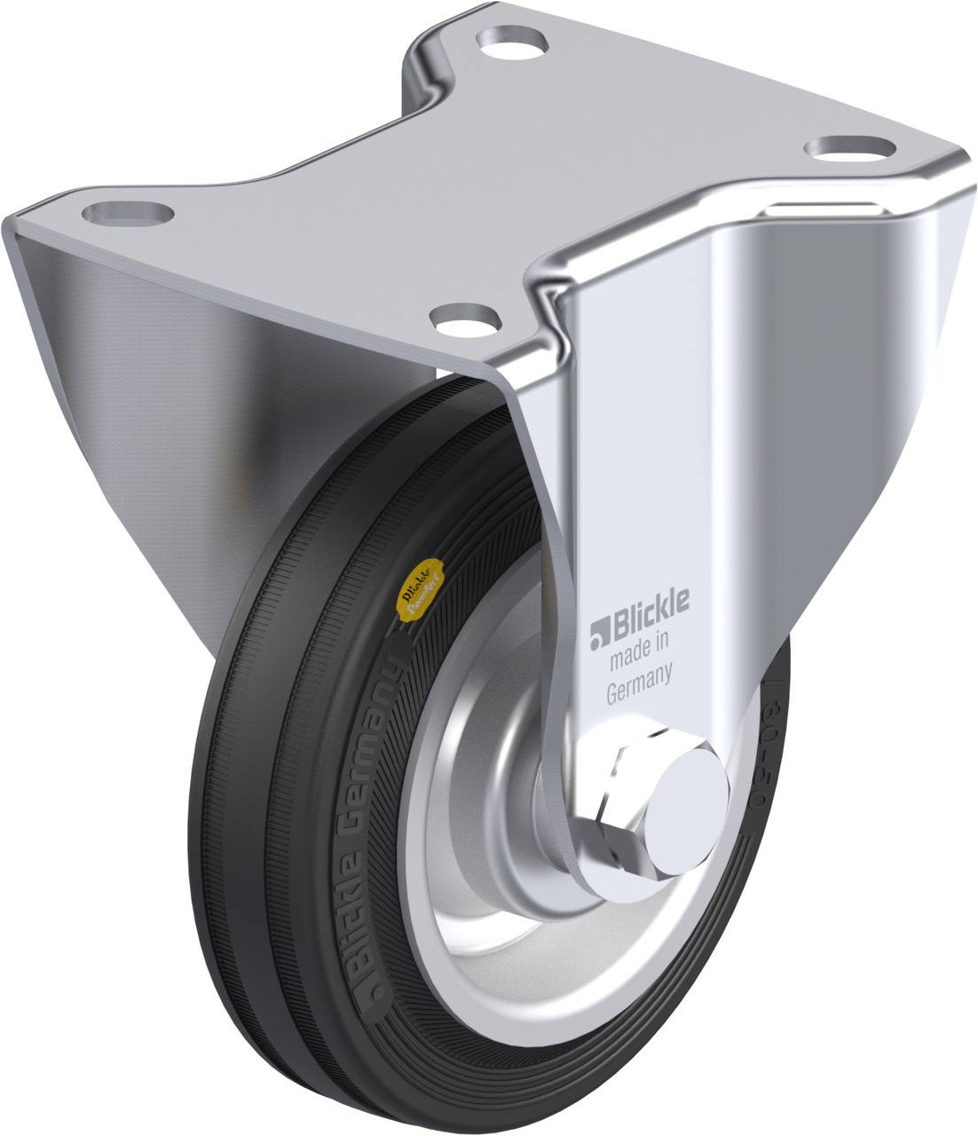 Schwenkrolle mit schwarzem Rad und silbernem Halter, Markenname 'Blickle' und Aufschrift 'made in Germany' auf der Halterung.
